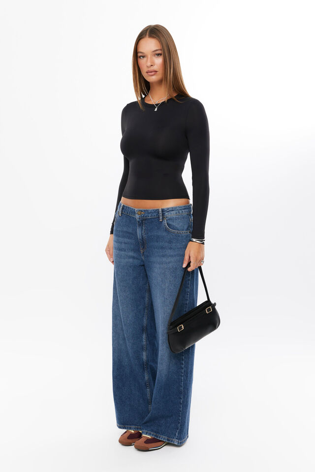Luxe Long Sleeve Longline Tee, BLACK