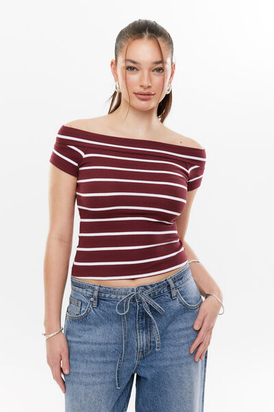 Bianca Off Shoulder Top, DARK PLUM/WHITE STRIPE