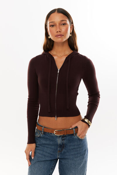 Katie Zip Through Knit Hoodie, CHOC CHERRY