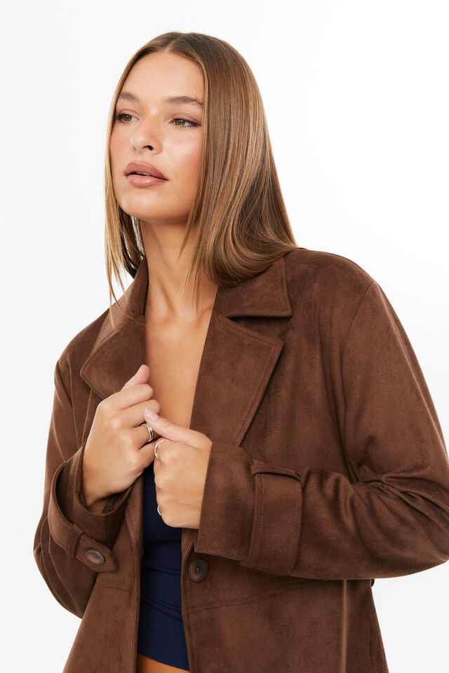 Sarah Faux Suede Trench Coat, MOCHA BROWN