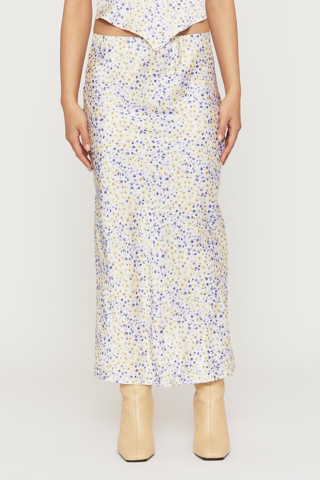 Ines Low Rise Satin Midi Skirt, LILAC FLORAL