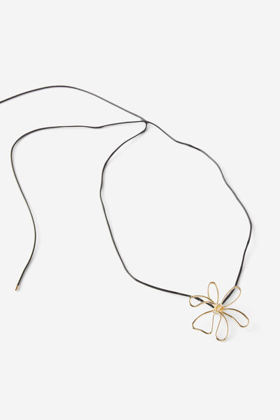 Cord Pendent Necklace, GOLD & BLACK/FLOWER
