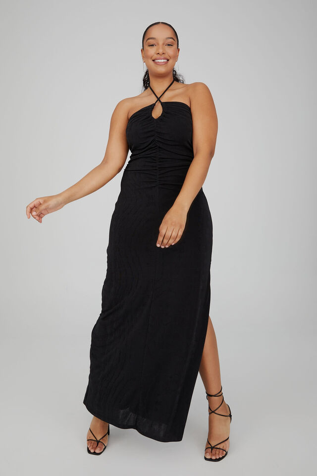 Serena Halter Neck Ruched Maxi Dress, BLACK