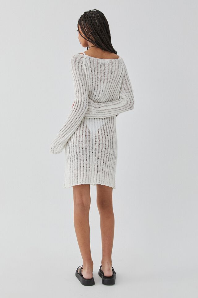 Leah Long Sleeve Open Knit Dress, WINTER WHITE