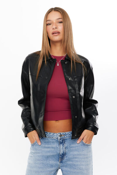 Asher Faux Leather Bomber Jacket, BLACK