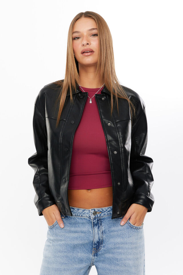 Asher Faux Leather Bomber Jacket, BLACK