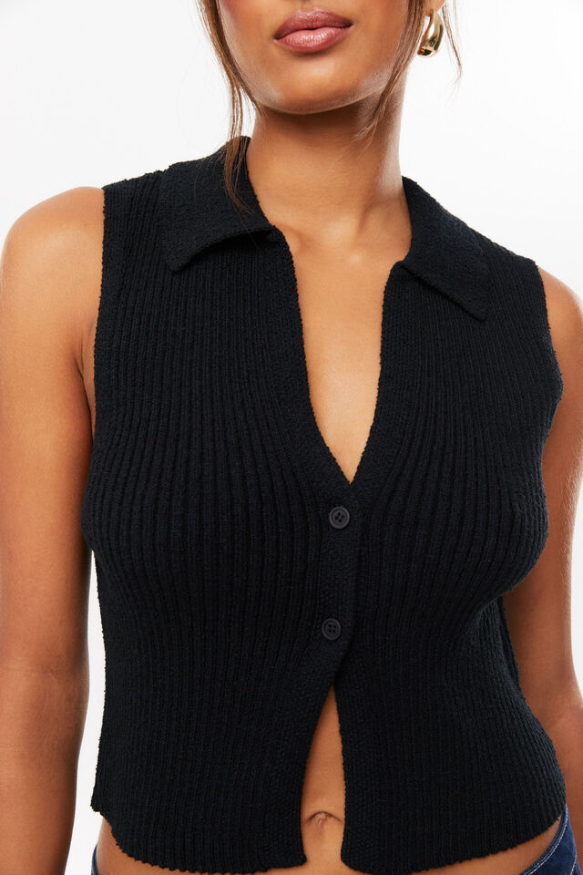 Olivia Collared Knit Vest, BLACK