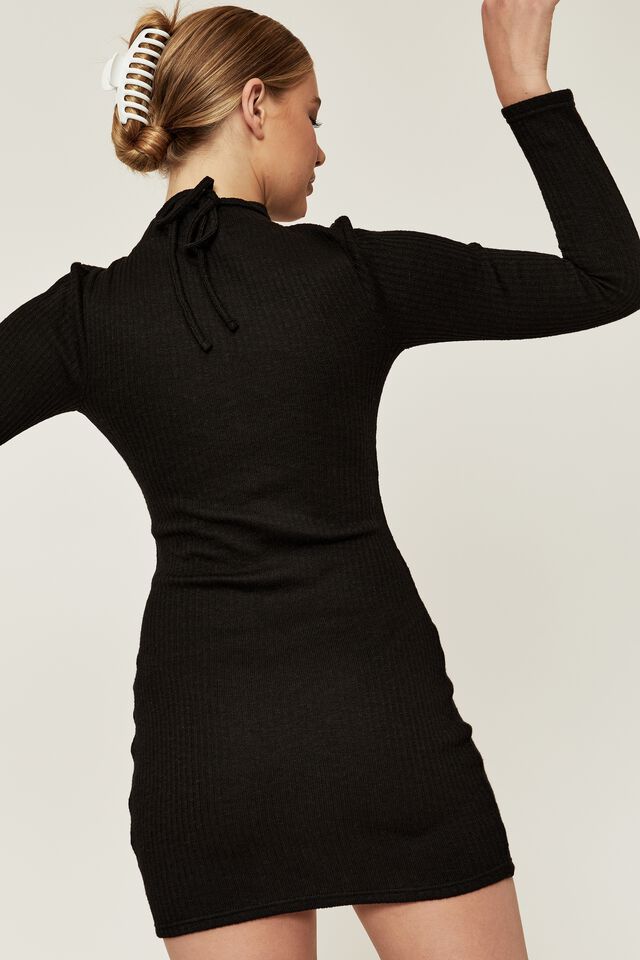 Aimee Long Sleeve Tie Front Mini Dress, BLACK