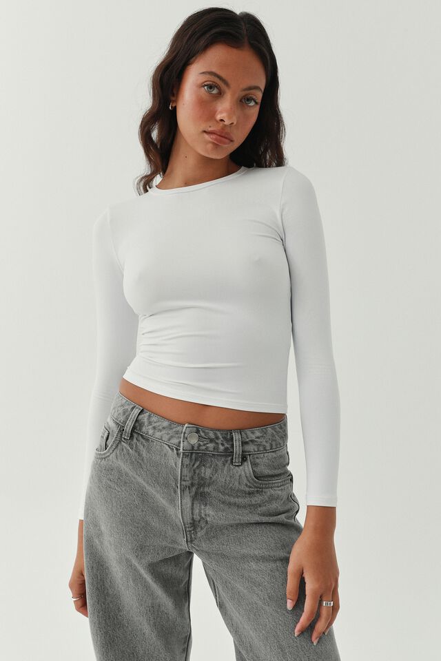 Miley Long Sleeve Fitted Top, WHITE