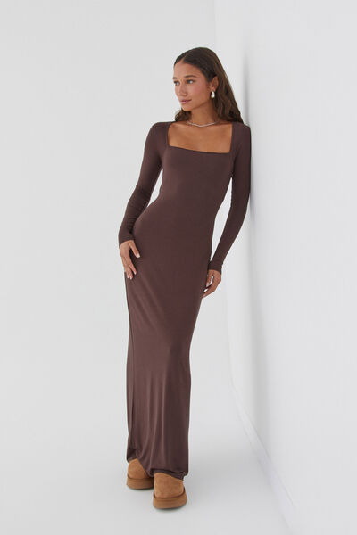 Soft Long Sleeve Maxi Dress, ESPRESSO BROWN