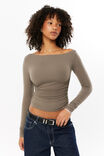 Soft Long Sleeve Off Shoulder Top, OLIVE GREEN - alternate image 1