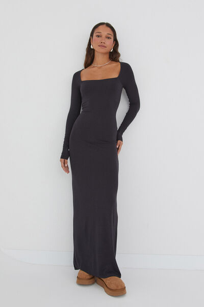 Soft Long Sleeve Maxi Dress, BLACK