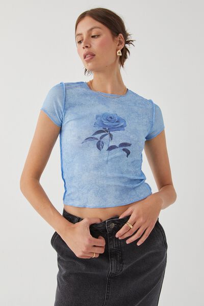 Raw Mesh Graphic T Shirt, BLUE/ROSE