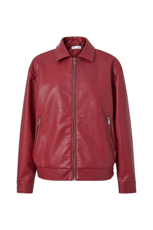 Faux Leather Collared Bomber Jacket, CHERRY RED