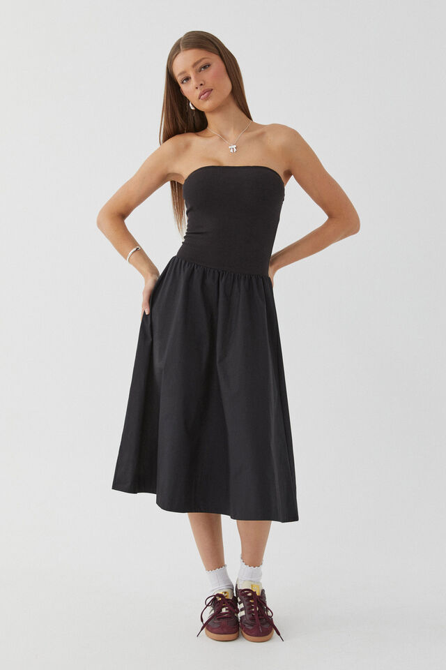 Eva Strapless Midi Dress, BLACK