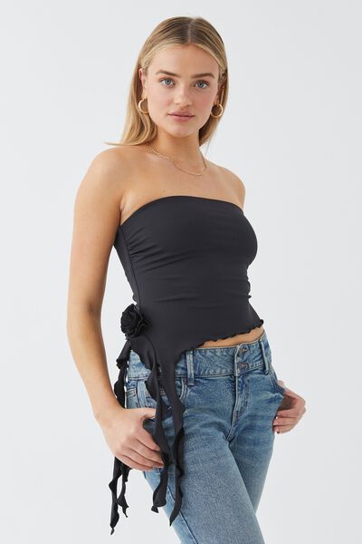 Luxe Strapless Frill Top, BLACK