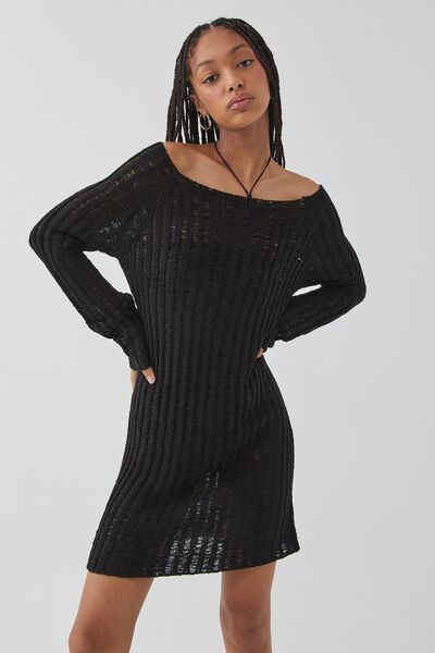 Leah Long Sleeve Open Knit Dress, BLACK