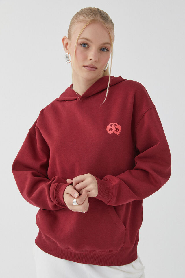 Paige Oversized Printed Hoodie, DEEP CHERRY/GOOD LUCK