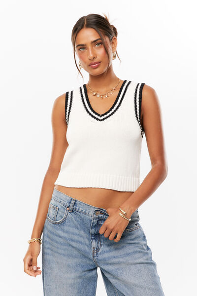 Reece V Neck Knit Vest, SUMMER WHITE/BLACK