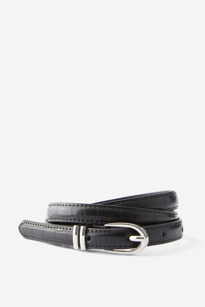 Lena Thin Faux Croc Belt, BLACK/SILVER