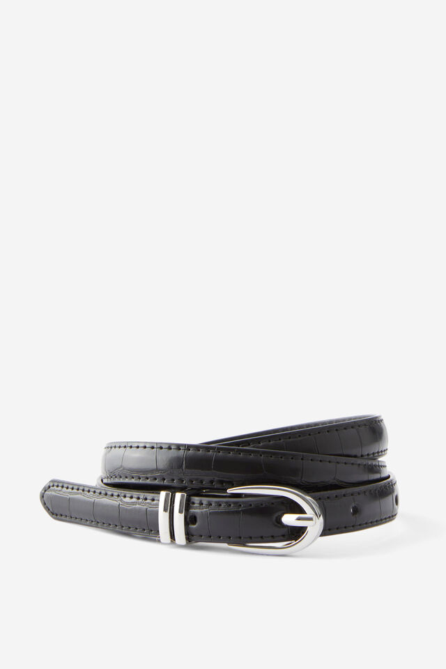 Lena Thin Faux Croc Belt, BLACK/SILVER