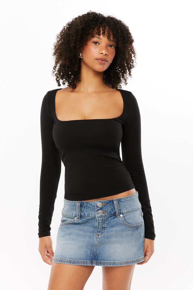 Elodie Square Neck Long Sleeve Top, BLACK