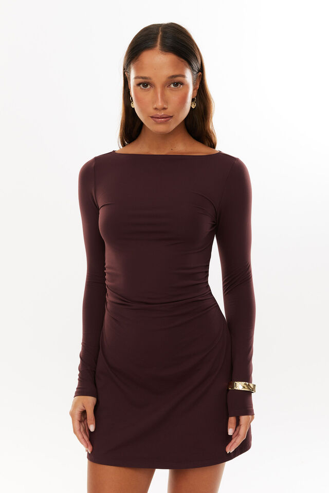 Super Smooth Long Sleeve Mini Dress, CHOC CHERRY