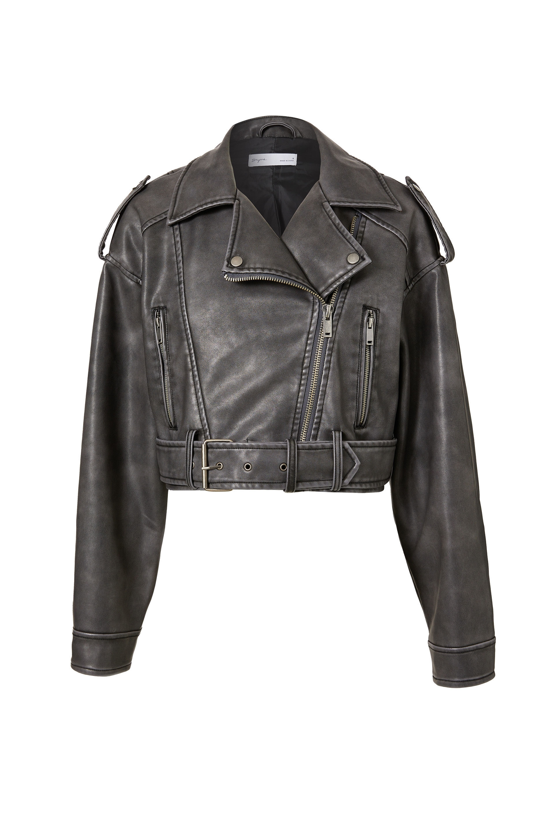 Cameo Rose Black Leather-Look Belted Cropped Biker Jacket | New Look