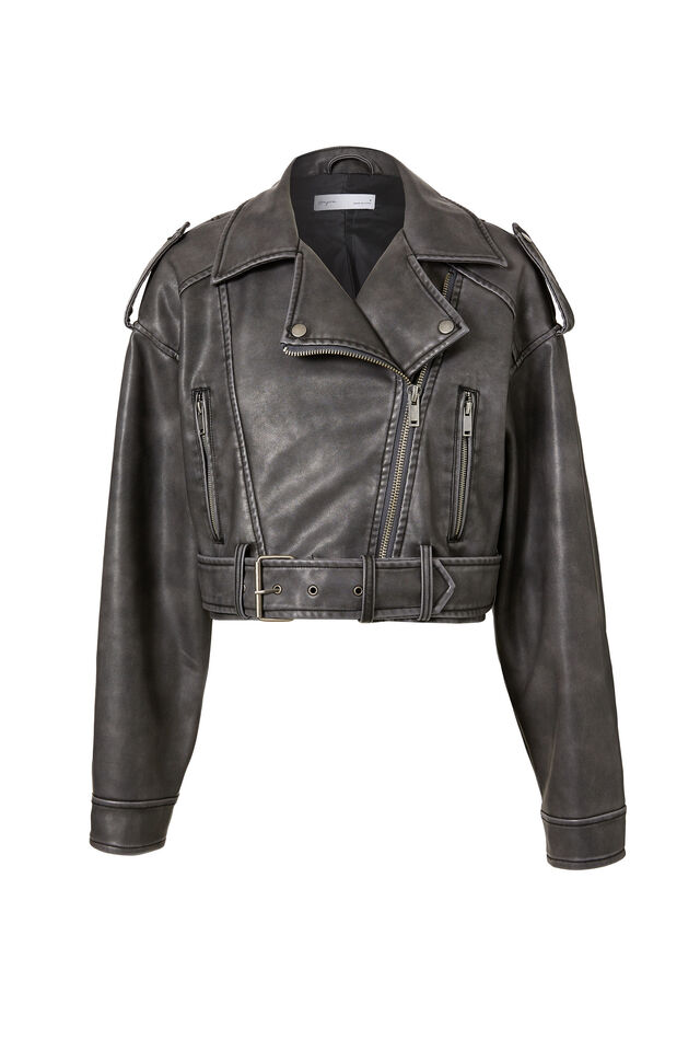 Faux Leather Oversized Biker Jacket, BLACK DISTRESSED