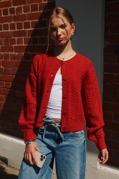 Quinn Cable Knit Cardigan, ROSEY RED