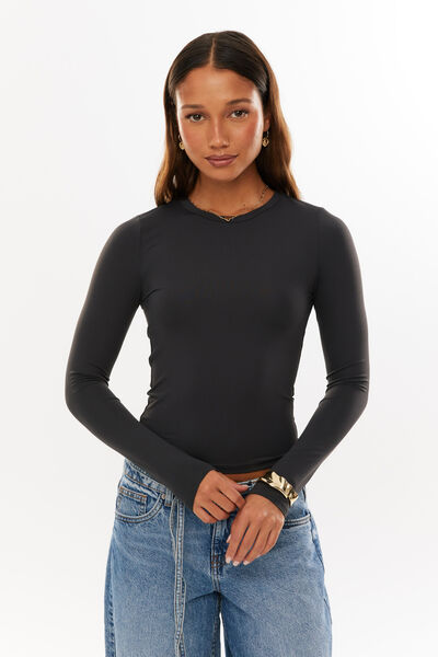 Luxe Long Sleeve Longline Tee, CHARCOAL