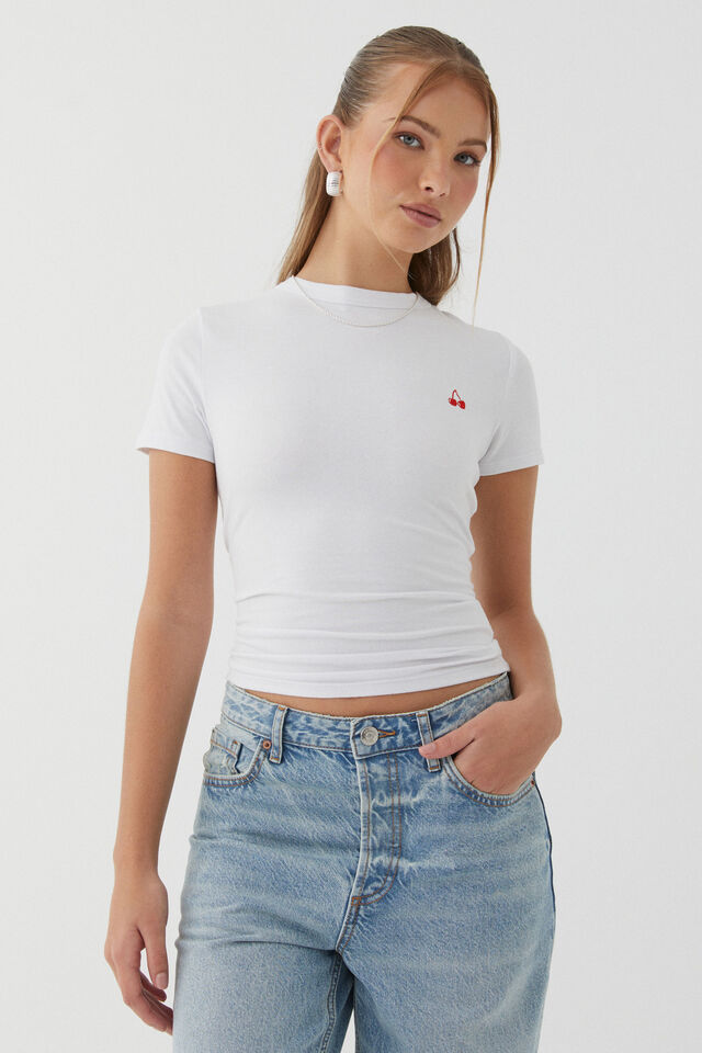 Embroidered Cherry Fitted Tee, WHITE/CHERRY