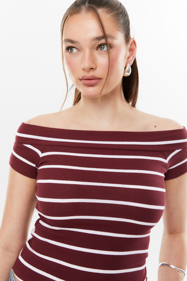 Bianca Off Shoulder Top, DARK PLUM/WHITE STRIPE