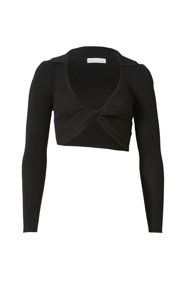Davina Long Sleeve Twist Knit Shirt Top, BLACK