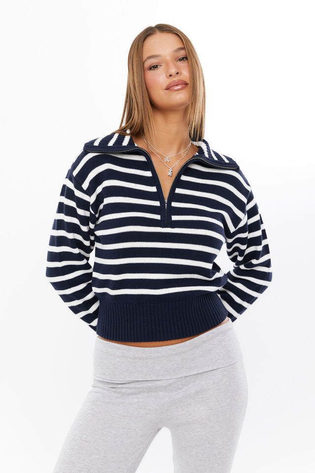 Jacqui Quarter Zip Knit Jumper, MERINGUE WHITE/NAVY LEAGUE