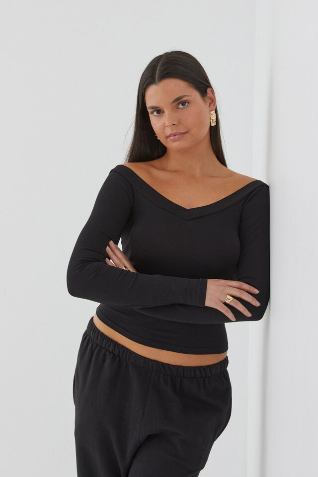 Rebecca Long Sleeve Top, BLACK