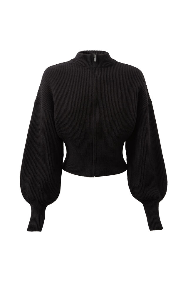 Daisy Zip Through Knit Bomber, BLACK