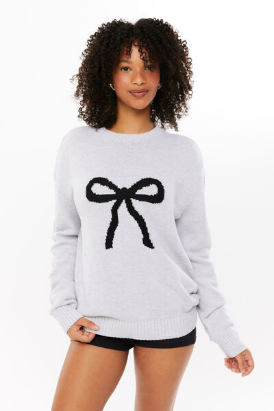 Bambie Crew Jumper, LIGHT GREY MARLE/BOW