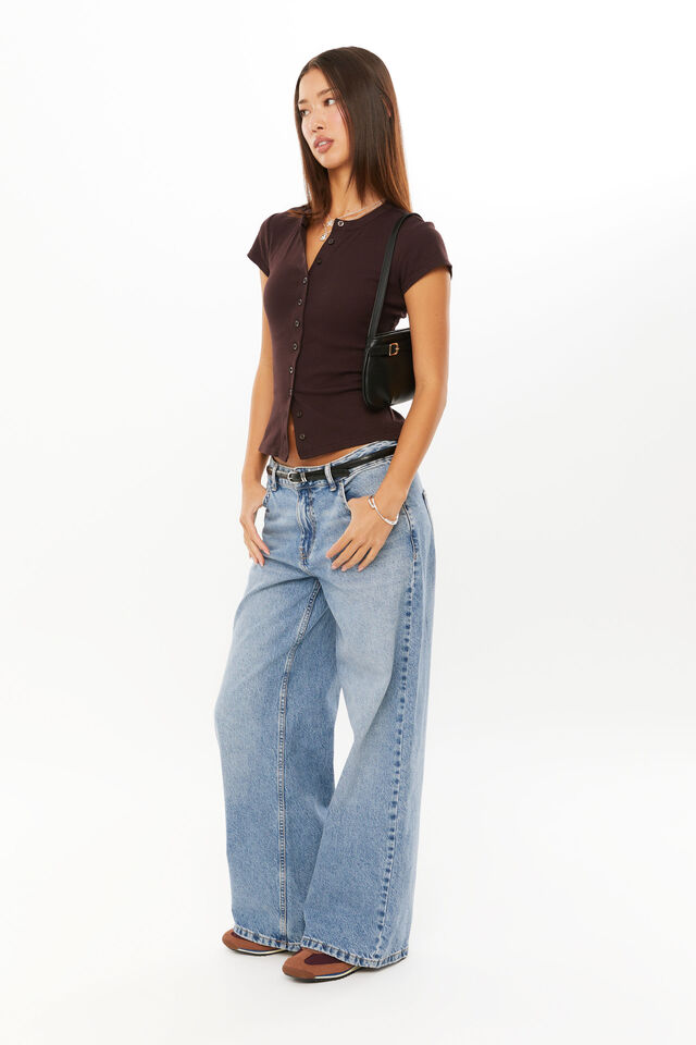 Lexy Rib Button Through Tee, DEEP CHOC