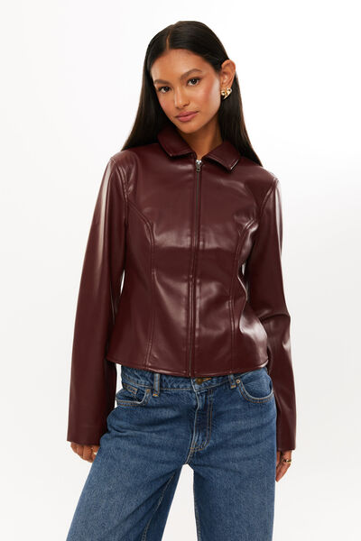 Gracie Collared Faux Leather Jacket, CHERRY