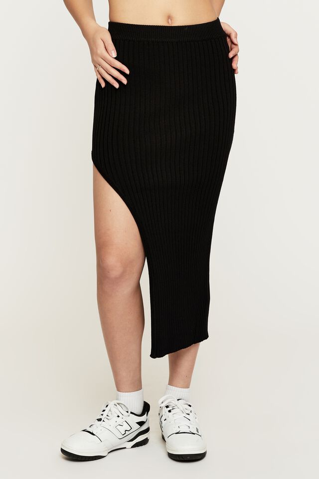 Chelsea High Split Midi Skirt, BLACK
