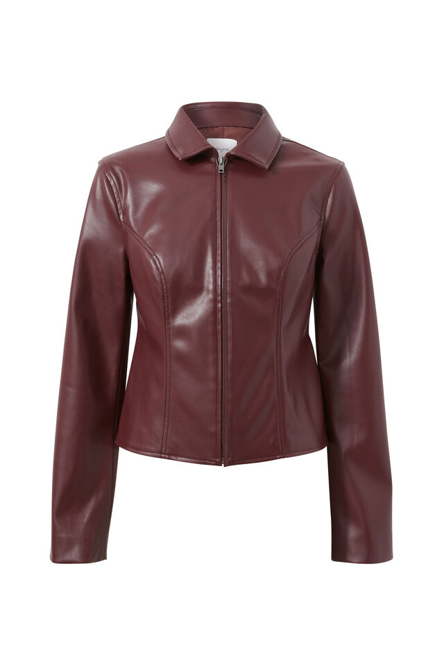 Gracie Collared Faux Leather Jacket, CHERRY