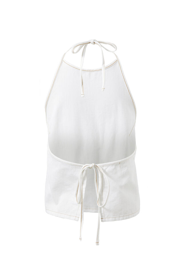 Denim Open Back Halter Top, WHITE