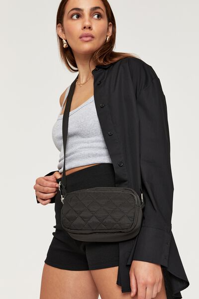 Toni Nylon Quilted Crossbody Bag, BLACK