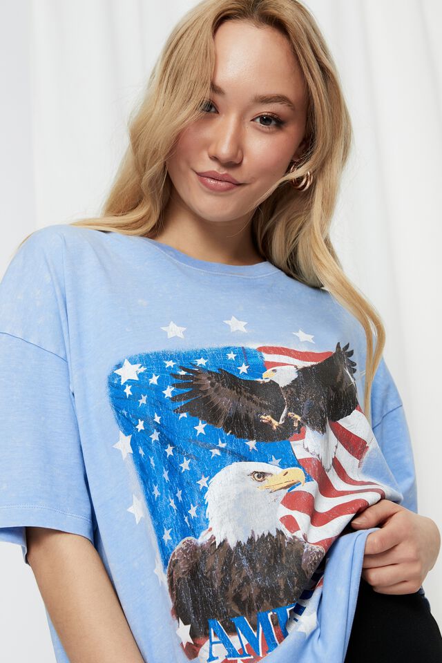 Camryn Oversized Printed T Shirt, ACID WASH LOTUS BLUE/USA EAGLES