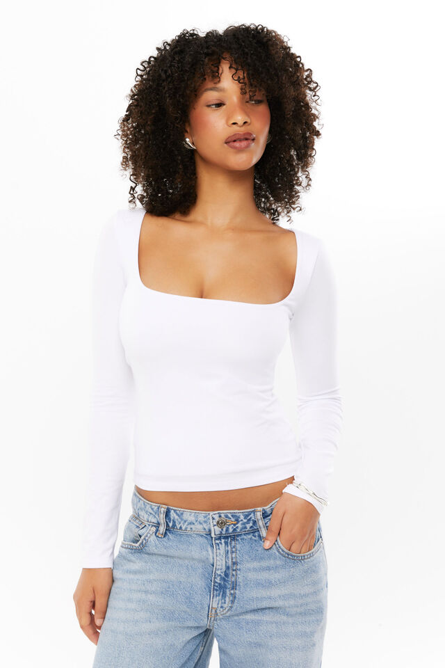Elodie Square Neck Long Sleeve Top, WHITE