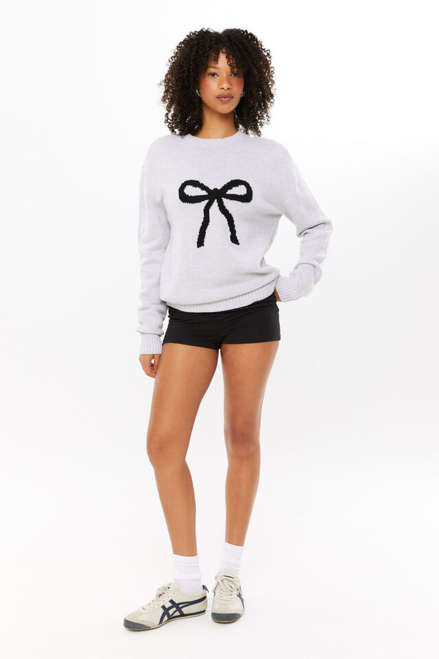 Bambie Crew Jumper, LIGHT GREY MARLE/BOW