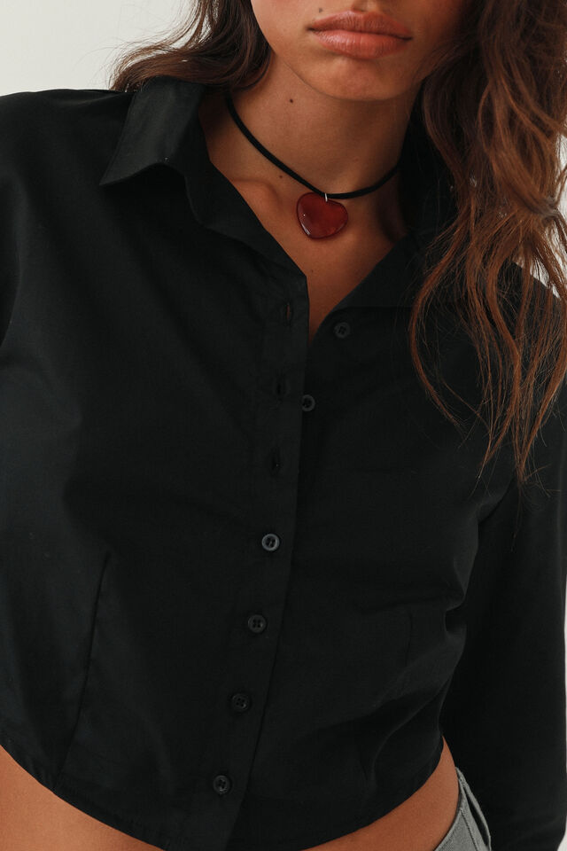 Cropped Long Sleeve Shirt, BLACK
