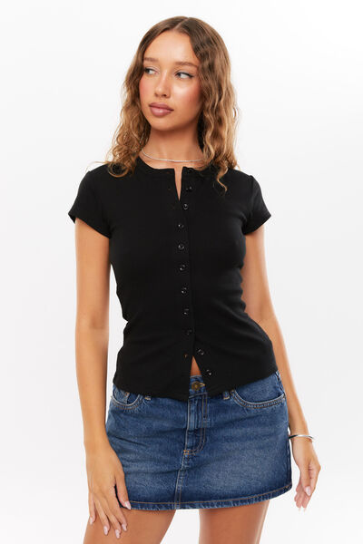 Lexy Rib Button Through Tee, BLACK