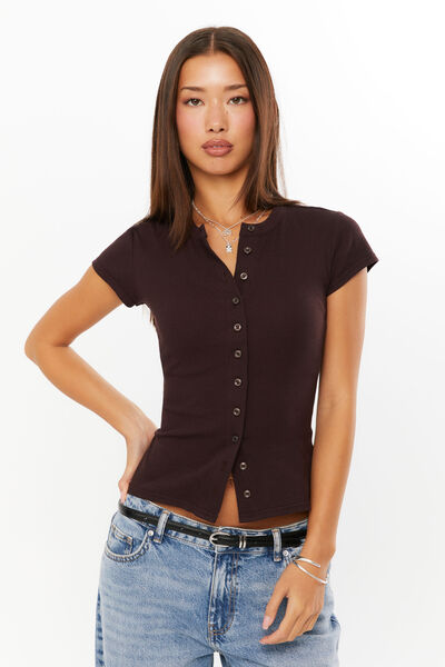 Lexy Rib Button Through Tee, DEEP CHOC